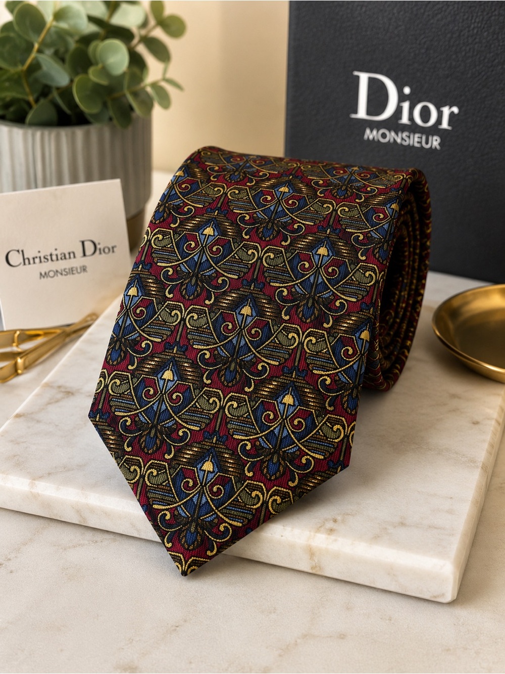 Christian Dior Monsieur 100% Silk Geometric Art Deco Multicolor Logo Tie Italy